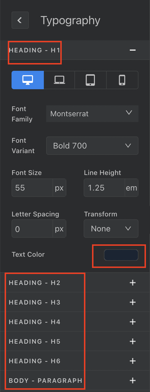 Swipe Pages Typography Settings